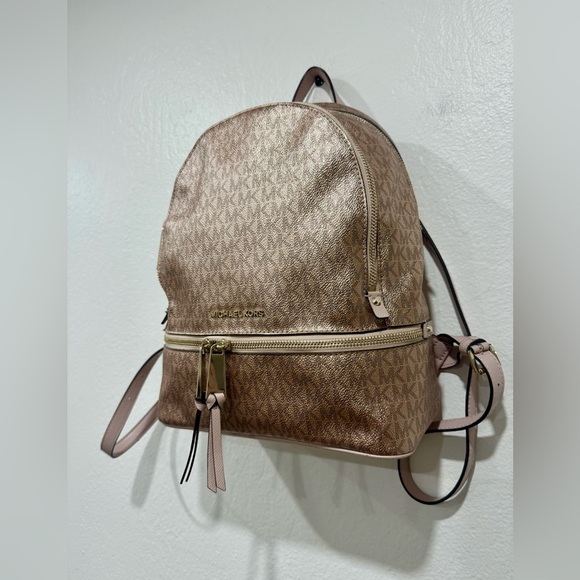 Michael Kors Rhea Medium Metallic Rose Gold Signature Logo Backpack - Picture 5 of 5